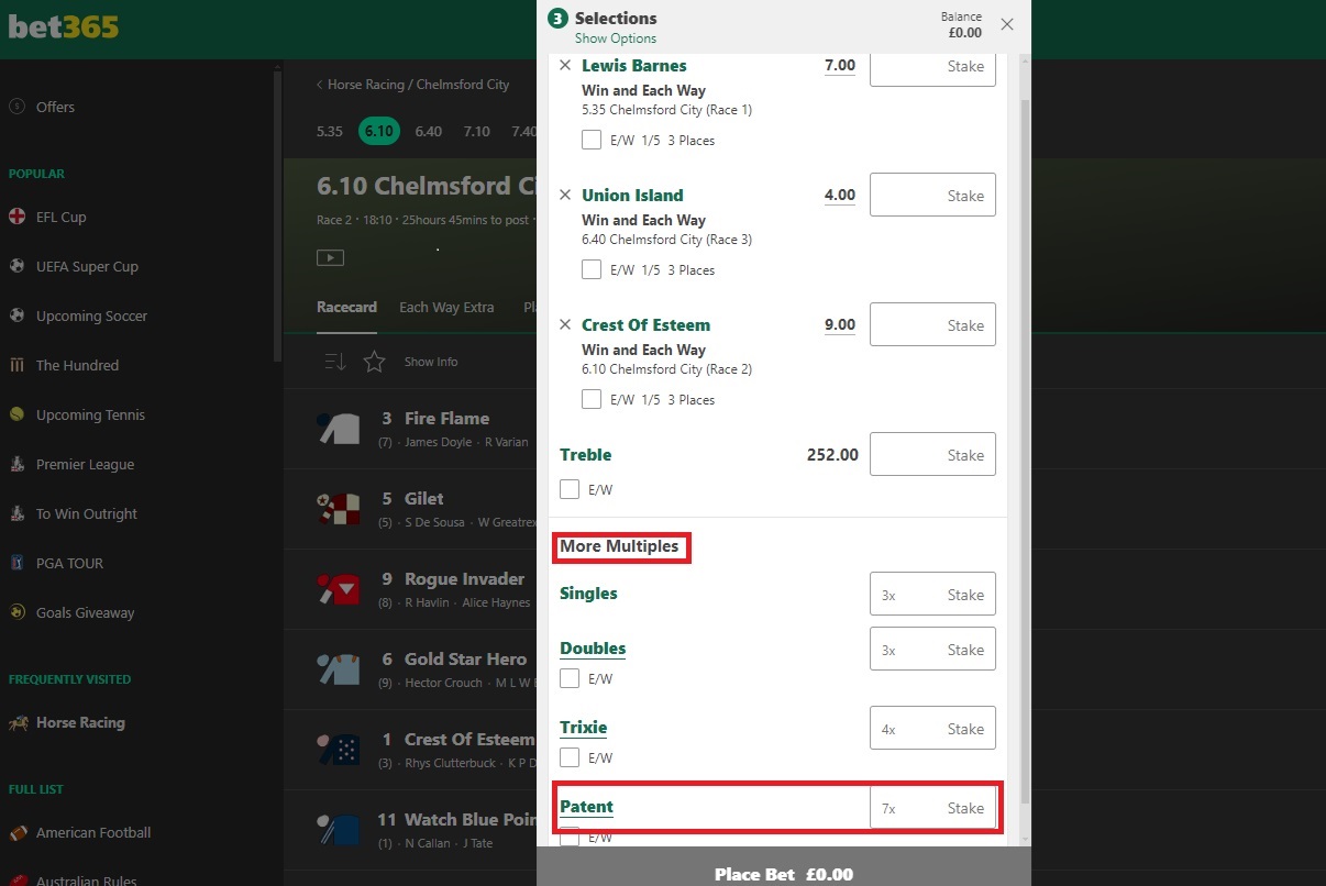 a bet365 bet slip with 3 horse selections and the patent bet option highlighted